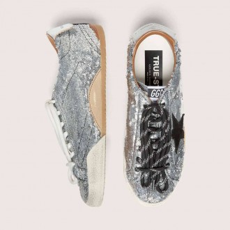 Golden Goose True-Star In Silver Sequins With Black Star And Silver Leather Heel Tab Golden Goose True-Star In Silver Sequins With Black Star And Silver Leather Heel Tab