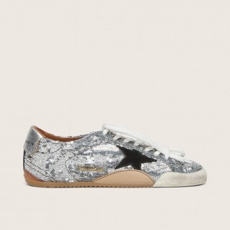 Golden Goose True-Star In Silver Sequins With Black Star And Silver Leather Heel Tab