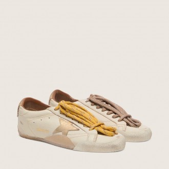 Golden Goose True-Star In White Nappa Leather With Gold Star And Beige Suede Heel Tab
