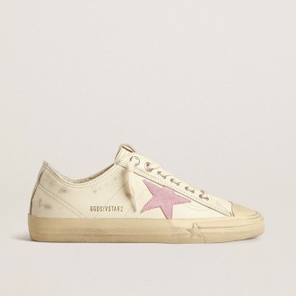 Golden Goose V-Star In Beige Nappa Leather With Old-Rose Suede Star
