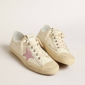 Golden Goose V-Star In Beige Nappa Leather With Old-Rose Suede Star Golden Goose V-Star In Beige Nappa Leather With Old-Rose Suede Star