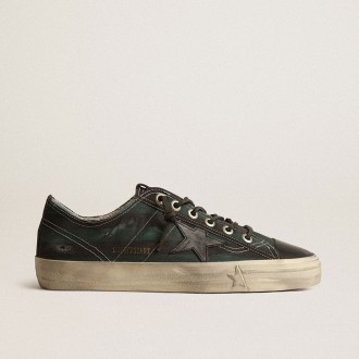 Golden Goose V-Star In Black And Green Striped Canvas With Black Leather Star And Toe