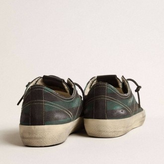 Golden Goose V-Star In Black And Green Striped Canvas With Black Leather Star And Toe Golden Goose V-Star In Black And Green Striped Canvas With Black Leather Star And Toe