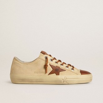 Golden Goose V-Star In Cream Canvas With Tobacco Leather Star