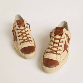 Golden Goose V-Star In Cream Canvas With Tobacco Leather Star