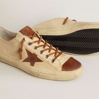 Golden Goose V-Star In Cream Canvas With Tobacco Leather Star