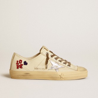 Golden Goose V-Star In Ecru Nappa With Silver Nappa Star And Beaded Embroidery