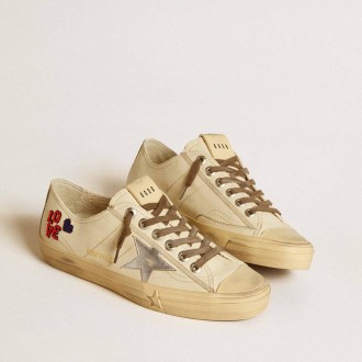 Golden Goose V-Star In Ecru Nappa With Silver Nappa Star And Beaded Embroidery Golden Goose V-Star In Ecru Nappa With Silver Nappa Star And Beaded Embroidery