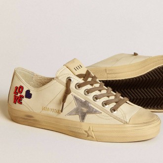 Golden Goose V-Star In Ecru Nappa With Silver Nappa Star And Beaded Embroidery Golden Goose V-Star In Ecru Nappa With Silver Nappa Star And Beaded Embroidery