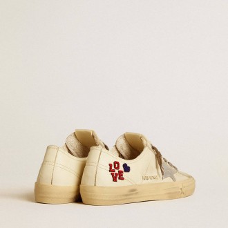 Golden Goose V-Star In Ecru Nappa With Silver Nappa Star And Beaded Embroidery Golden Goose V-Star In Ecru Nappa With Silver Nappa Star And Beaded Embroidery