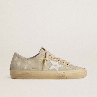 Golden Goose V-Star In Ice-Gray Suede With White Leather Star And Floral Embroidery