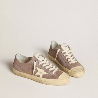 Golden Goose V-Star In Light Brown Metallic Suede With Cream Leather Star