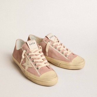 Golden Goose V-Star In Pink Suede With Cream Leather Star