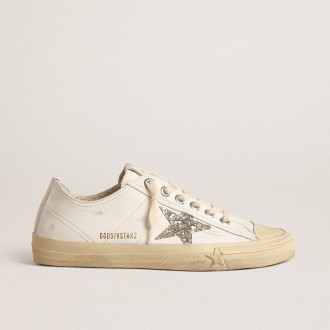 Golden Goose V-Star In White Leather With A Platinum Glitter Star