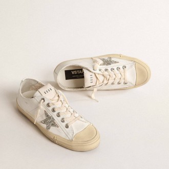 Golden Goose V-Star In White Leather With A Platinum Glitter Star Golden Goose V-Star In White Leather With A Platinum Glitter Star