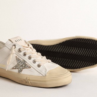 Golden Goose V-Star In White Leather With A Platinum Glitter Star Golden Goose V-Star In White Leather With A Platinum Glitter Star