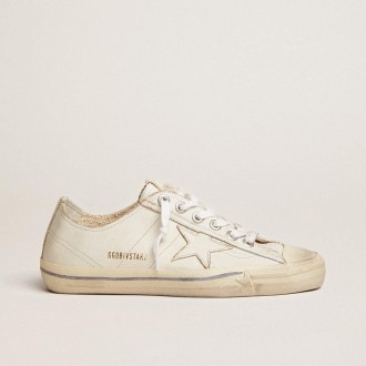 Golden Goose V-Star In White Leather With White Star And Light Blue Stripe On The Foxing