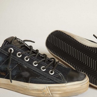 Golden Goose V-Star In Midnight-Blue Denim With Black Leather Star And Toe Golden Goose V-Star In Midnight-Blue Denim With Black Leather Star And Toe