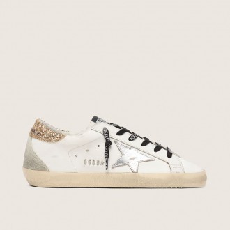 Golden Goose White Leather Super-Star With Glittery Heel Tab