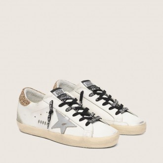 Golden Goose White Leather Super-Star With Glittery Heel Tab