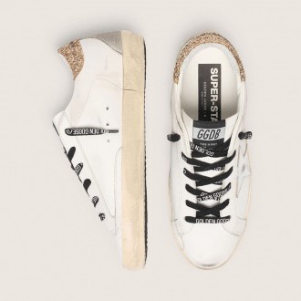 Golden Goose White Leather Super-Star With Glittery Heel Tab