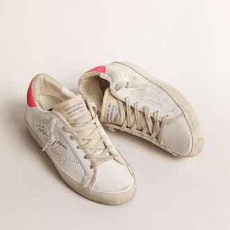 Golden Goose White Leather Super-Star With Perforated Star And Fuchsia Nylon Heel Tab Golden Goose White Leather Super-Star With Perforated Star And Fuchsia Nylon Heel Tab