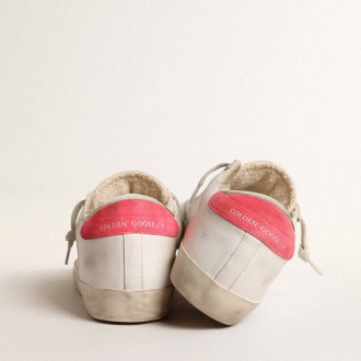 Golden Goose White Leather Super-Star With Perforated Star And Fuchsia Nylon Heel Tab Golden Goose White Leather Super-Star With Perforated Star And Fuchsia Nylon Heel Tab